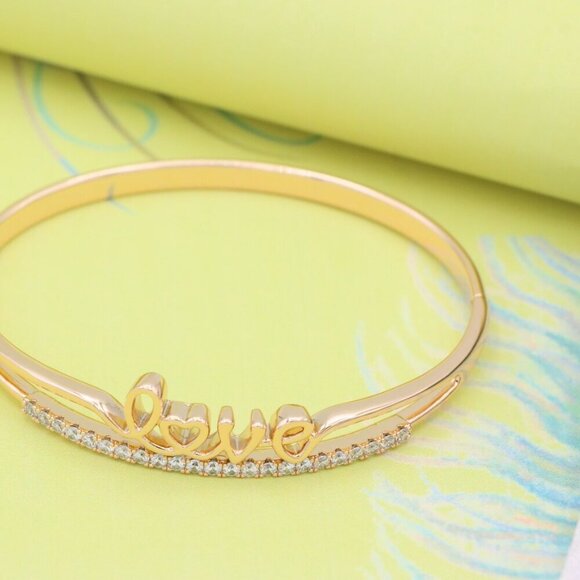 Rose Gold Love Text CZ Bangle – 2.36 Inch Elegant Romantic Style, XPBL0534 - Picture 2 of 12